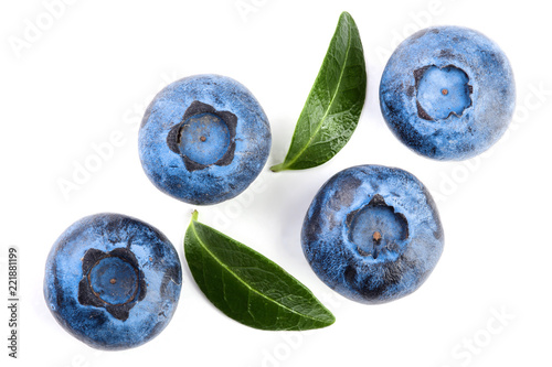 fresh ripe blueberry with leaf isolated on white background. Top view. Flat lay pattern