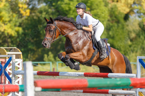 Young horse rider girl jumping over a hurdle on show jumping competition