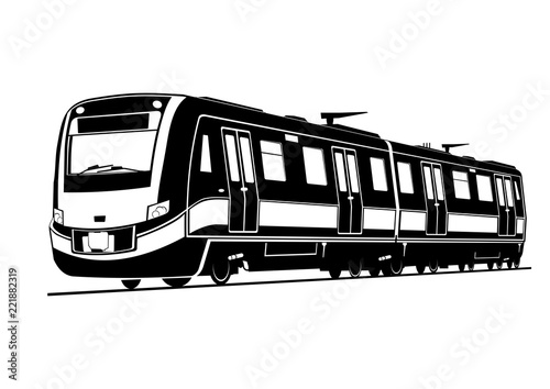 Train. Silhouette of a modern passenger train in black and white. Flat vector.