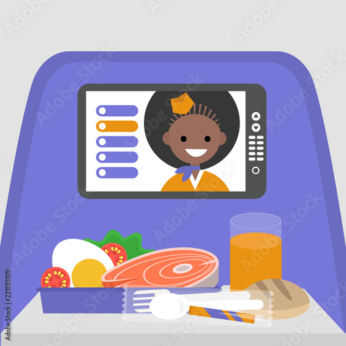 Food served on board of economy class airplane on the table. Digital Display. Flat editable vector illustration, concept