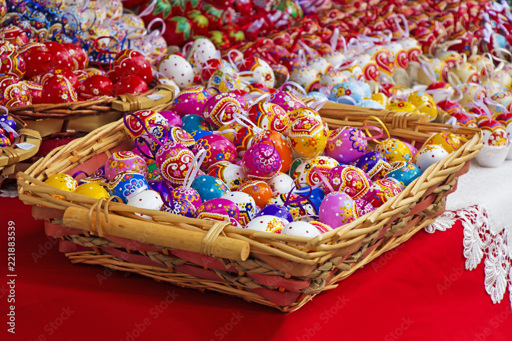 Easter eggs in a knit wooden basket