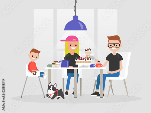 Young family sitting at the dining table. Desserts and tea. Daily life / flat editable vector illustration, clip art