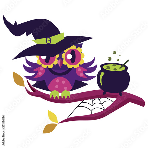 Cartoon owl in Halloween costume of witch. Mystery night-bird in hex suit sitting with potty potion on tree branch vector illustration. All Hallows Eve concept. Isolated on white background.