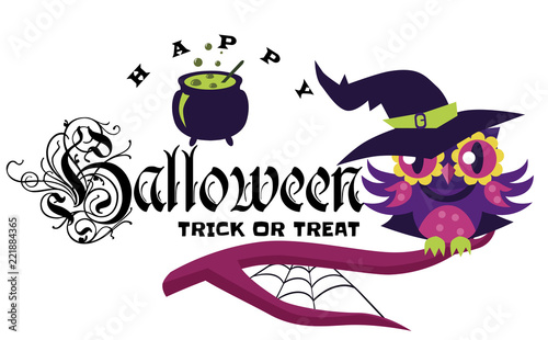 Logo owl in Halloween costume of witch. Mystery night-bird in hex suit sitting with potty potion on tree branch vector illustration. All Hallows Eve concept. Isolated on white background.