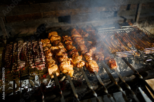 Shish kebab is roasted on the grill