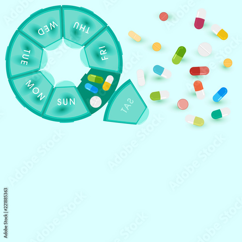 Medicine Pills Border Background with Pills and capsules in pill box