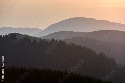 Forest Mountain Range Scene at Sunrise. Mountain panoramic landscape. 