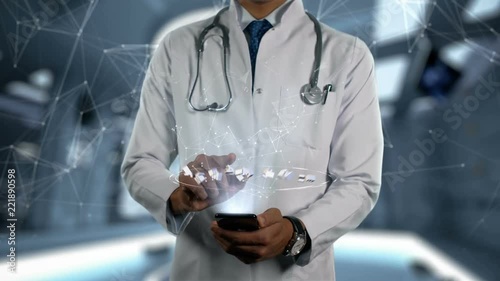 ALIMEMAZINE TARTRATE - Male Doctor With Mobile Phone Opens and Touches Hologram Word Active Ingrident of Medicine photo