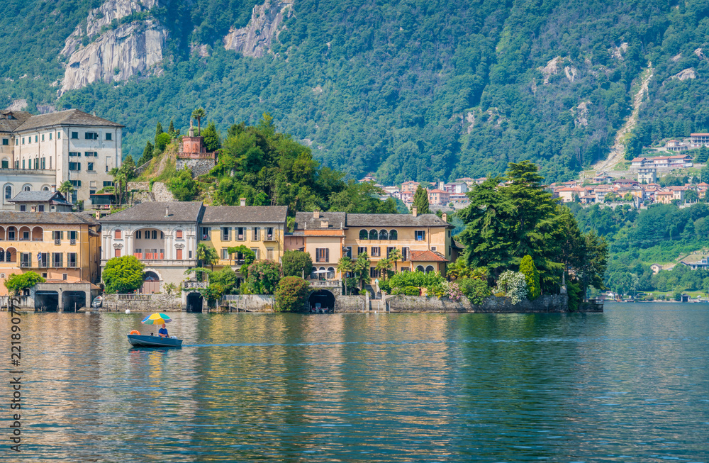 Scenic sight of San Giulio Island in the Lake Orta, Piedmont, Italy.