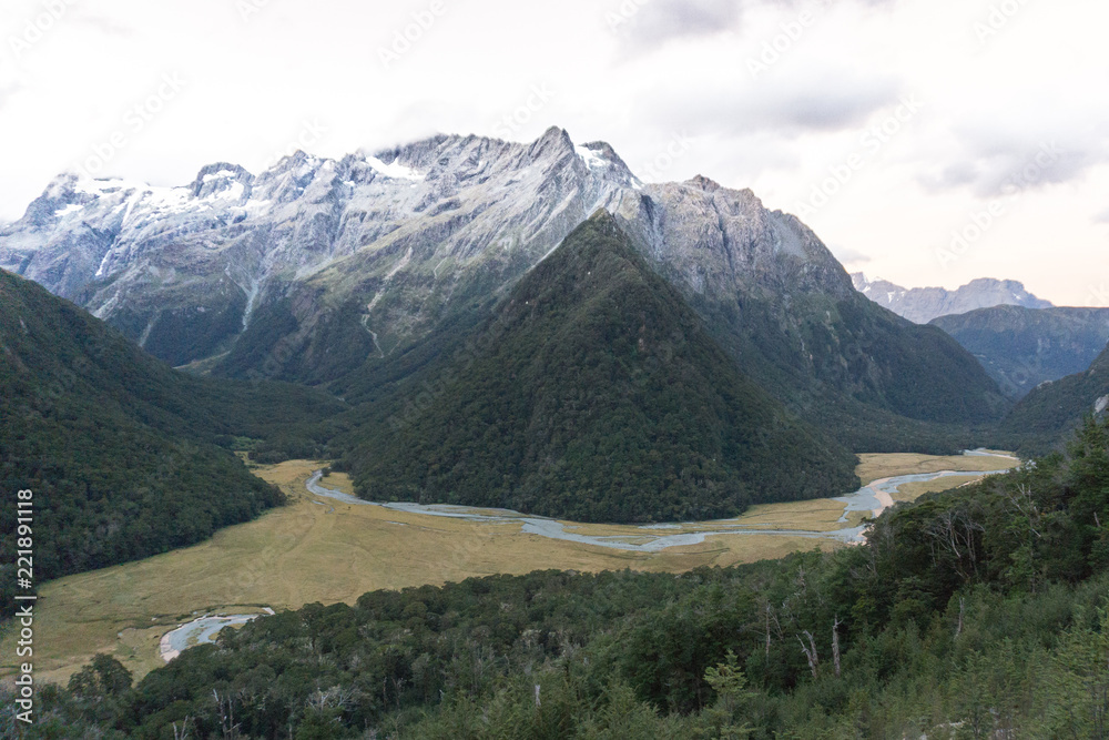 New Zealand Great Walk, Routeburn Track - Snowy Mountain Tops and Evergreen Forest