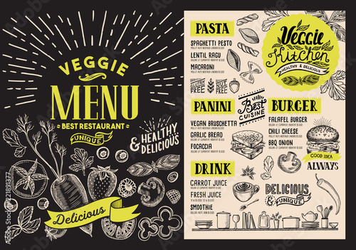Vegetarian menu for restaurant. Vector food flyer for bar and cafe. Design template with food hand-drawn graphic illustrations.