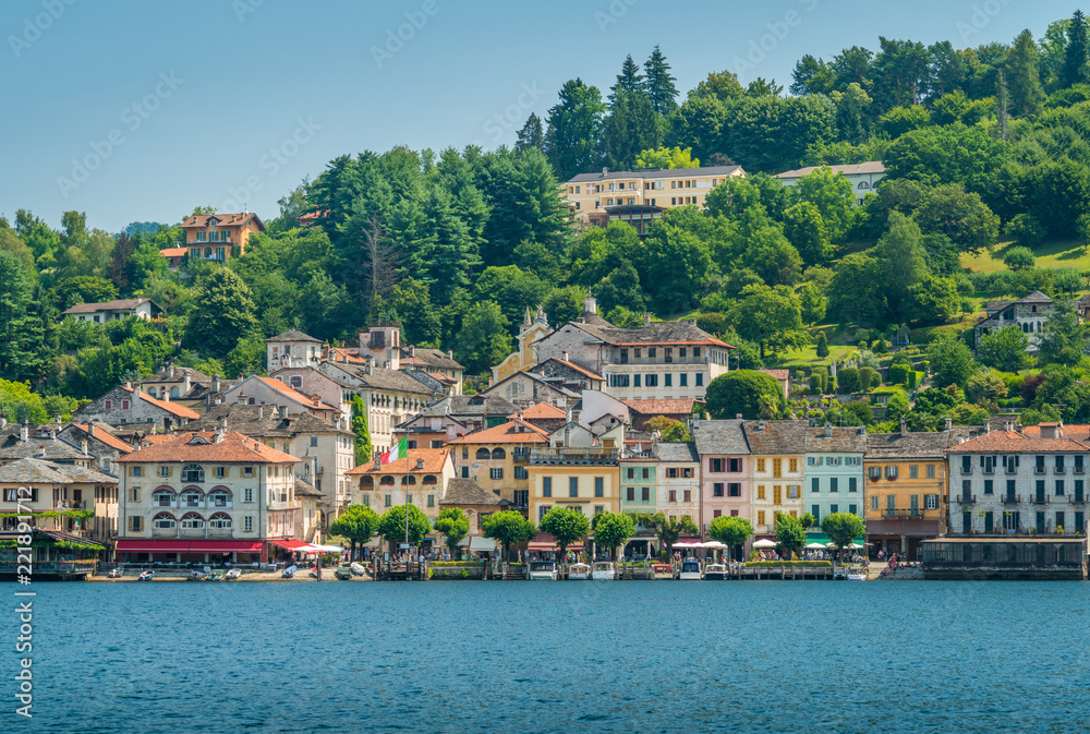 Panoramic sight in Orta San Giulio, beautiful village on Lake Orta, Piedmont (Piemonte), Italy.