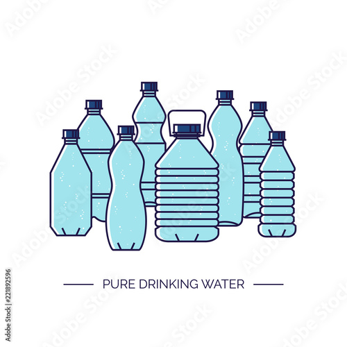 Pure drinking water. Line vector illustration of a group of plastic bottles