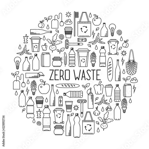 Zero waste concept. Line art collection of eco and waste elements