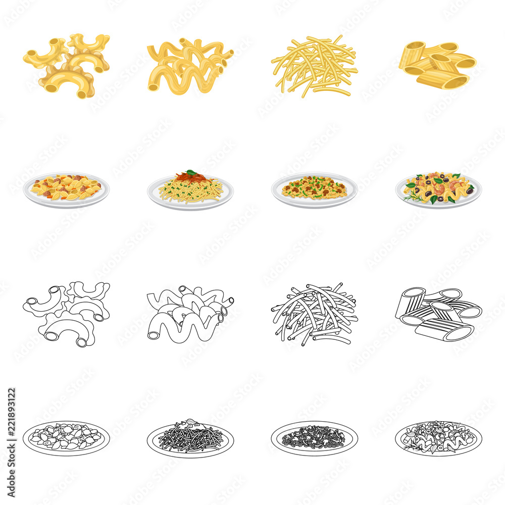 Vector illustration of pasta and carbohydrate logo. Set of pasta and macaroni vector icon for stock. Vector illustration of pasta and carbohydrate logo. Set of pasta and macaroni vector icon for stock.