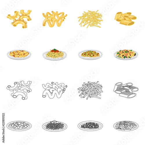 Vector illustration of pasta and carbohydrate logo. Set of pasta and macaroni vector icon for stock.