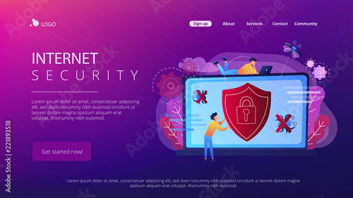 A man before laptop with shield and lock on the screen. Anti virus software, anti-malware, spyware, trojan, adware as internet security concept. Violet palette.Website landing web page.