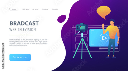 A man in front of camera recording a video to share it in internet. Vloger shares a bradcast in blog or video log. Video bloging, web television or embedded video concept. Website landing web page.
