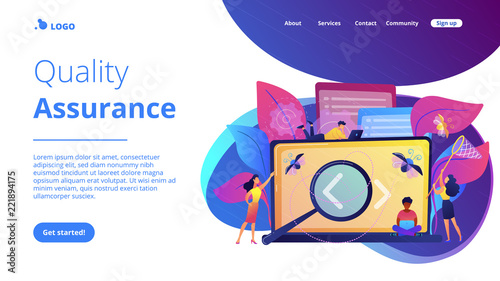 People catching bugs on the laptop screen with angle brackets. IT software application testing, quality assurance, QA team and bug fixing concept. Violet palette. Website landing web page template.