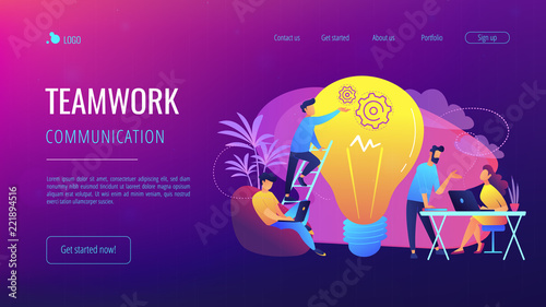 People working in friendly open space workplace. Coworking, freelance, teamwork, communication, interaction, idea, independent activity concept, violet palette. Website landing web page template.