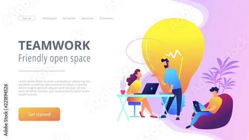 People working in friendly open space workplace. Coworking, freelance, teamwork, communication, interaction, idea, independent activity concept, violet palette. Website landing web page template.