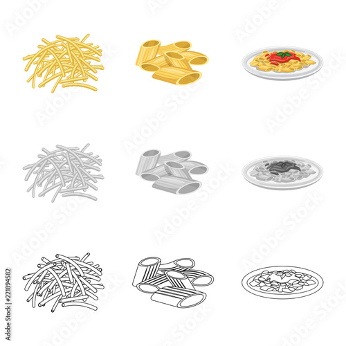 Vector illustration of pasta and carbohydrate sign. Collection of pasta and macaroni stock vector illustration.