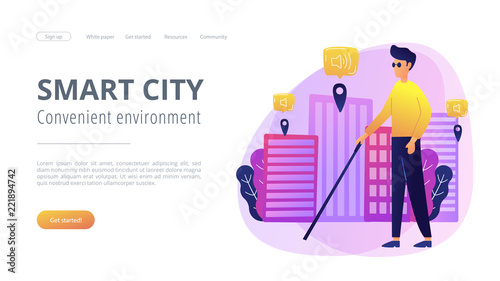 A blind man crossing the street with smart tags and voice notifications around. Barrier-free convenient environment as IoT and smart city concept, violet palette. Website landing web page template. photo