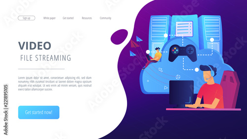 Two gamers playing computer connected with joystick. Gaming on demand, video and file streaming, cloud technology, various devices gaming concept, violet palette. Website landing web page template.