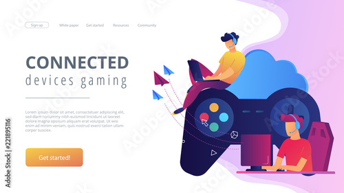 Two gamers playing computer connected with joystick. Gaming on demand, video and file streaming, cloud technology, various devices gaming concept, violet palette. Website landing web page template.