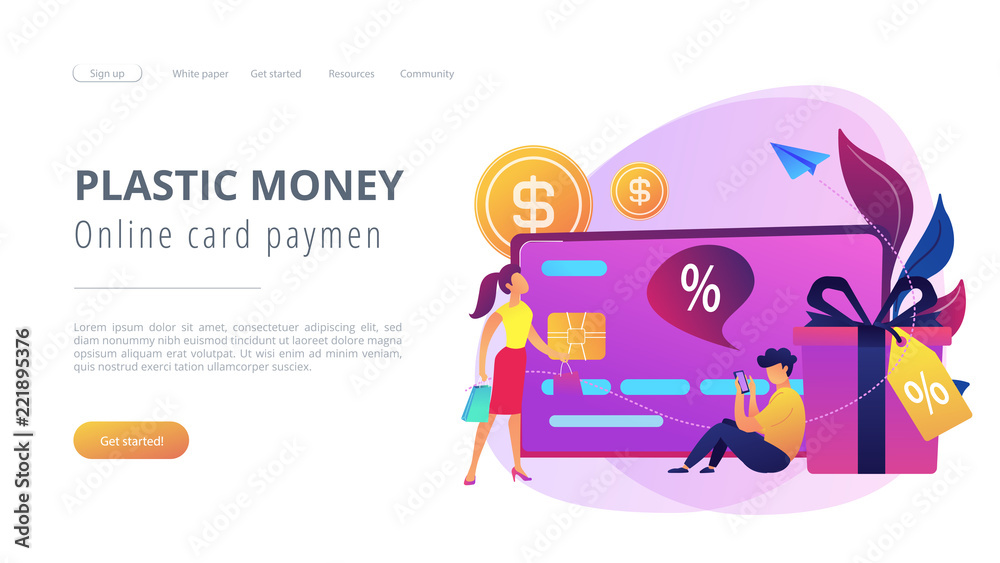 Debit card, gift box and users. Online card payment and plastic money, bank card purchase and shopping, e-commerce and secure bank saving concept, violet palette. Website landing web page template.