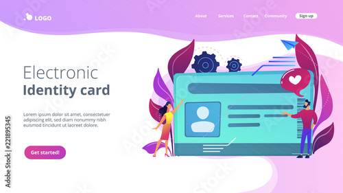Smart ID card with photo and users. Identification microchip and electronic identity card, plastic smartcard, personal information chipcard concept, violet palette. Website landing web page template.