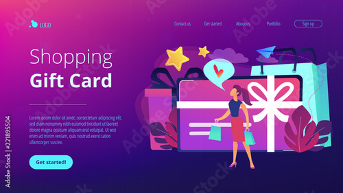 Gift card with bow and ribbon, gift box and woman loving shopping. Shopping certificate and gift voucher, prepaid cash card and bonus, sale concept, violet palette. Website landing web page template.