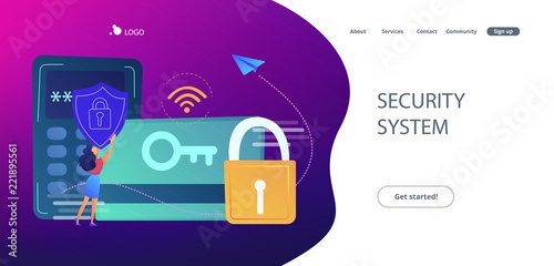 Access control card with key and lock and woman with protection shield. Electronic opening system, security system, automatic access card concept, violet palette. Website landing web page template.