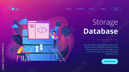Two developers working with big data technology. Big data management and storage, database analytics and design, data software engineering concept, violet palette. Website landing web page template.