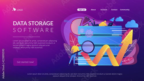 Developer with magnifying glass working with big data and zigzag arrow. Digital analytics tools, data storage and software engineering concept, violet palette. Website landing web page template.