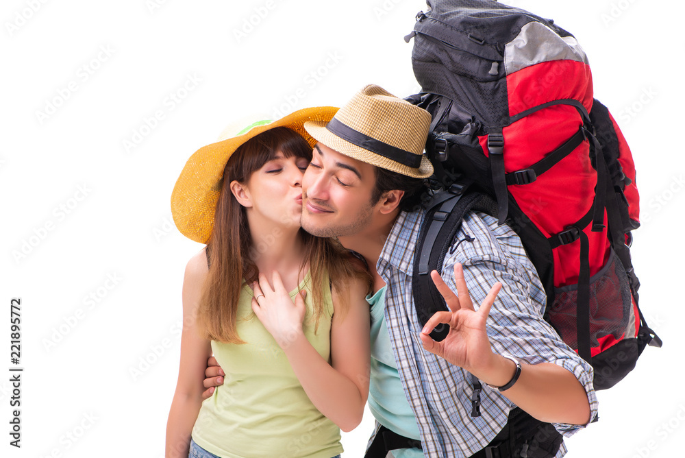 Young family preparing for vacation travel on white Young family preparing for vacation travel on white