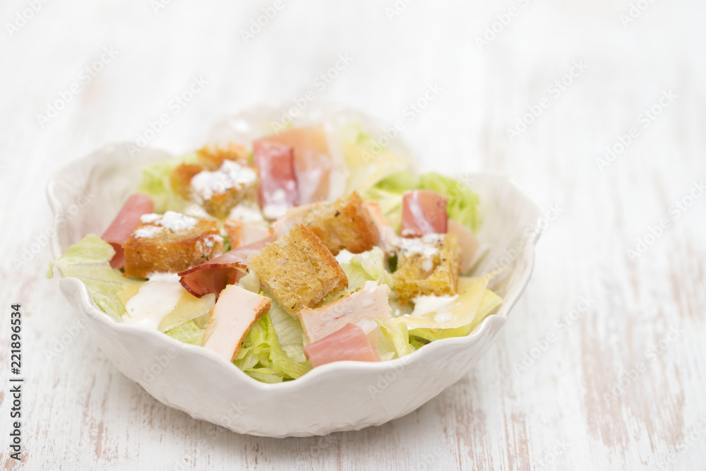 salad with chicken and smoked meat in beautiful bowl salad with chicken and smoked meat in beautiful bowl