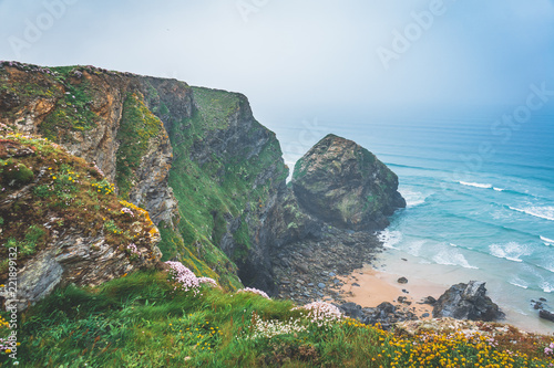 Bedruthan Steps overlooking the beach and cliffs