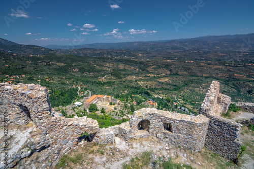 Ruins and churches of the medieval Byzantine ghost town-castle of Mystras, Peloponnese, Greece