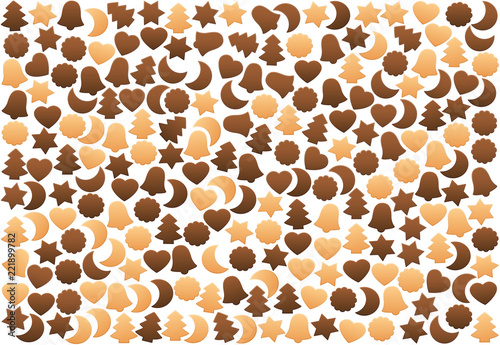 Christmas cookies pattern, loosely arranged. Different kinds of shortbread biscuits, gingerbread or chocolate cookies, with typical shapes like stars, moons, hearts, bells, firs. Isolated on white.