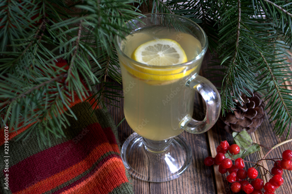 Tea with ginger and lemon. Hot autumn and winter drink