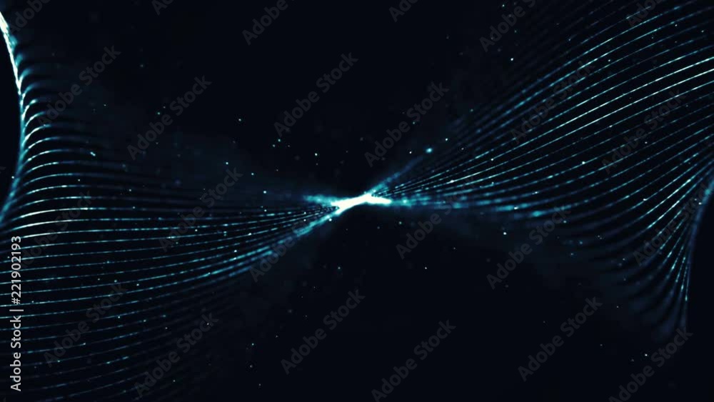 Abstract spiral form with particles rotating in a cyber space. Digital waves with lights. Seamless loop.