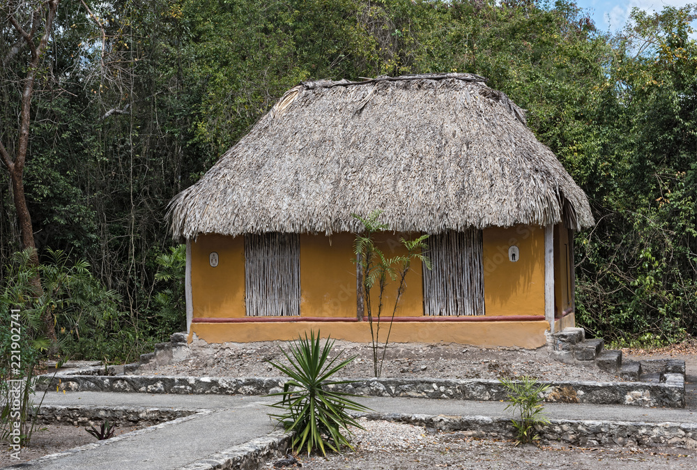 yellow toilet on the archeological site of Kohunlich, Quintana Roo, Mexico