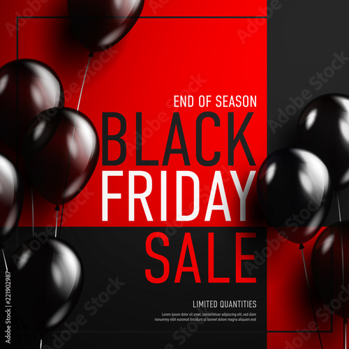 Black friday sale banner with glossy balloon on red background.