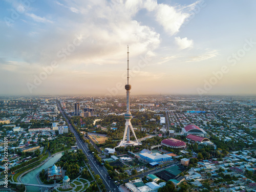 Tashkent TV Tower Aerial Shot During Sunset in Uzbekistan photo