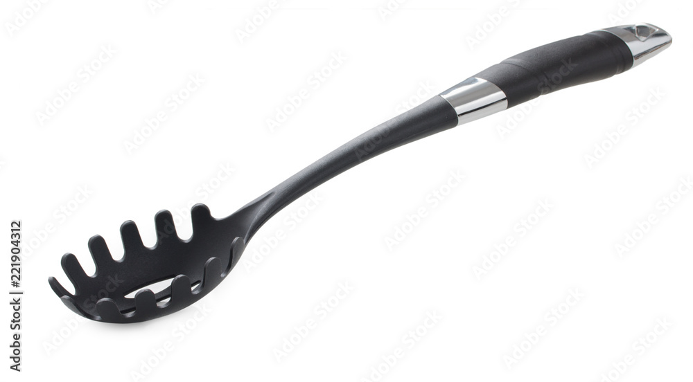 Black plastic spoon for draining of spaghetti isolated on white background Black plastic spoon for draining of spaghetti isolated on white background
