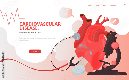 Cardiovascular heart diagnostics concept vector illustration. Heart tests or Cardiology diagnostics site landing page wireframe. Cardiology conference report presentation or banner template. photo