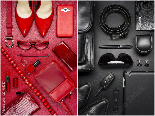 Woman and man accessories, fashion industry, modern life concept, clothes, shoes, gadget, jewelry, cosmetic, other luxury objects on red and black leather background  photo