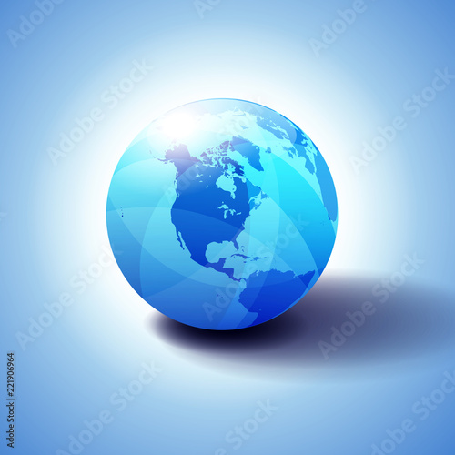 America Background with Globe Icon 3D illustration, Glossy, Shiny Sphere with Global Map in Subtle Blues giving a transparent feel. © Roy Fenton Wylam