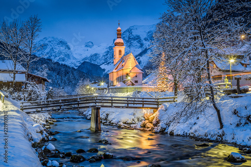 Church of Ramsau in winter twilight, Bavaria, Germany Fotobehang